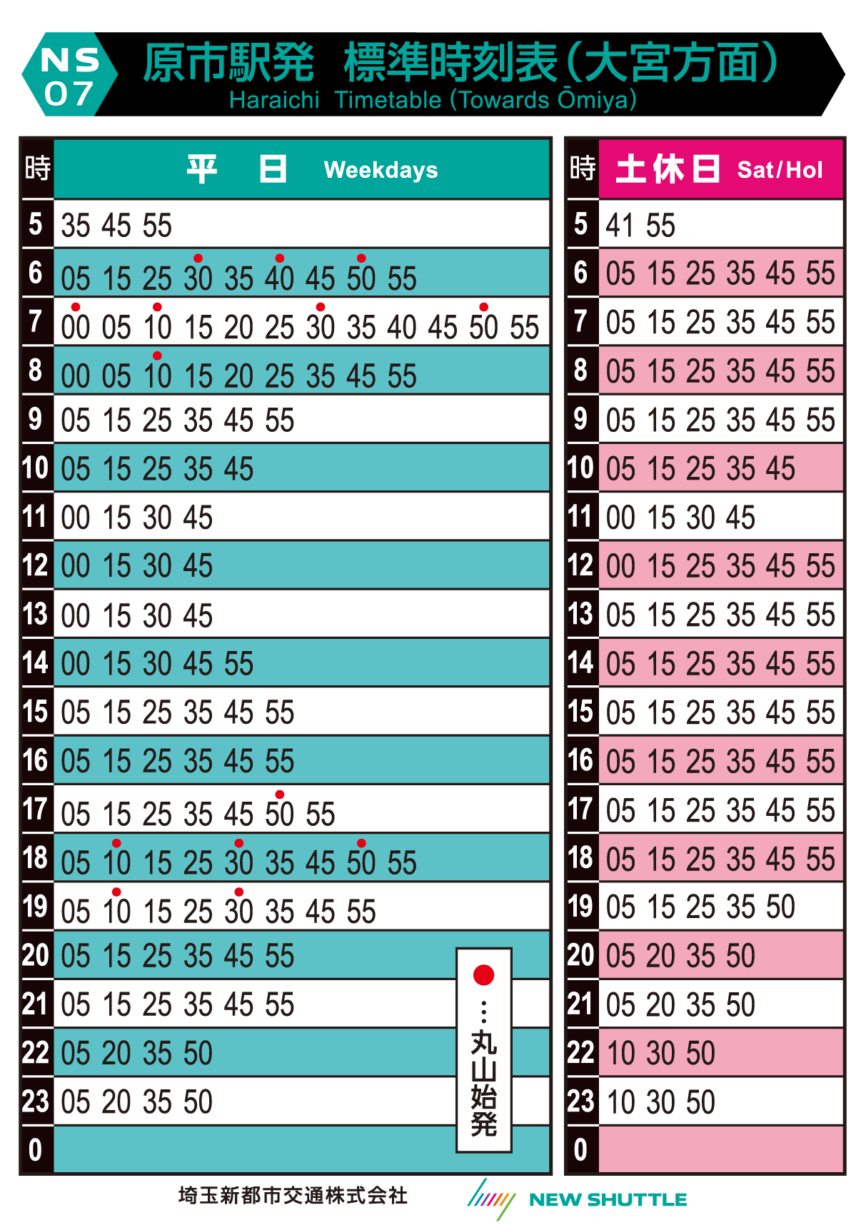 原市駅発 標準時刻表（大宮方面）