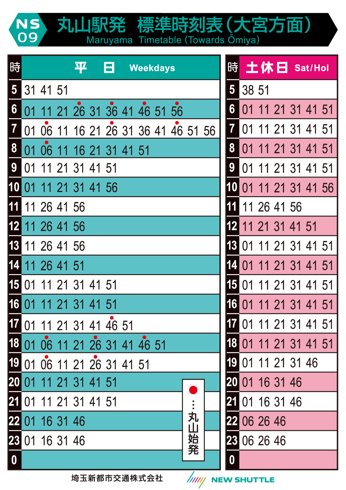 丸山駅発 標準時刻表（大宮方面）