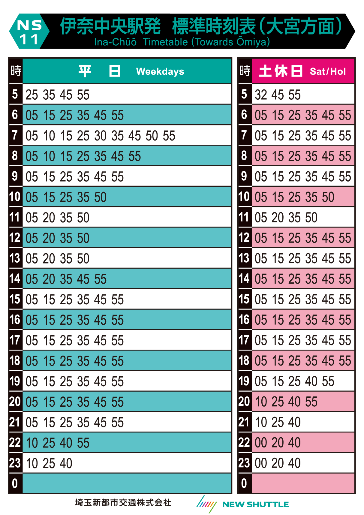 伊奈中央駅発 標準時刻表（大宮方面）