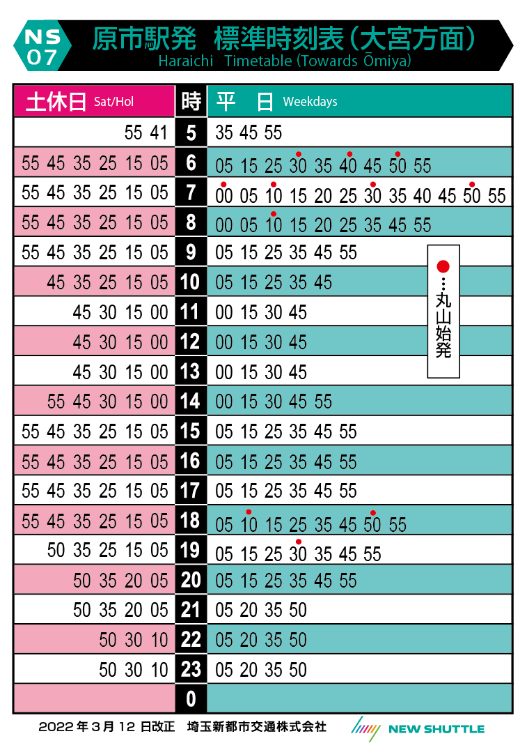 原市駅発 標準時刻表（大宮方面）
