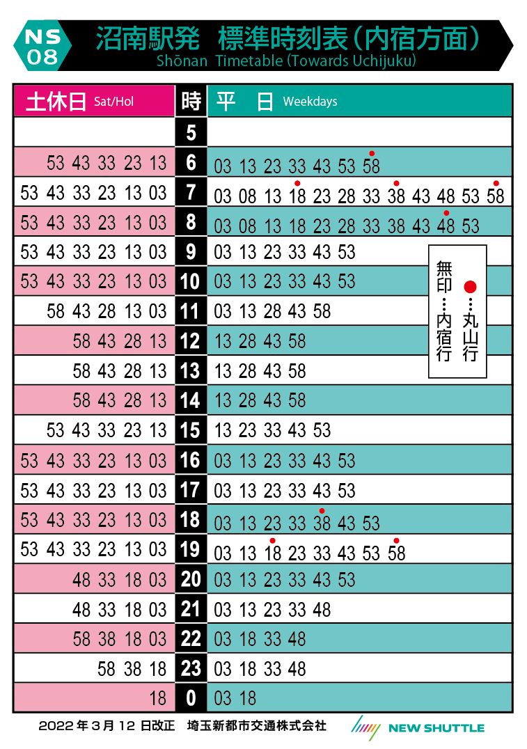 沼南駅発 標準時刻表（内宿方面）