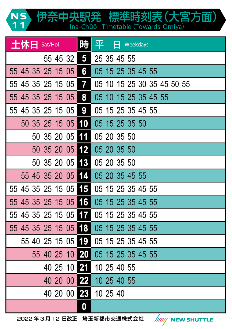伊奈中央駅発 標準時刻表（大宮方面）