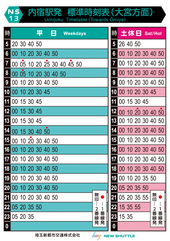 内宿駅発 標準時刻表（大宮方面）