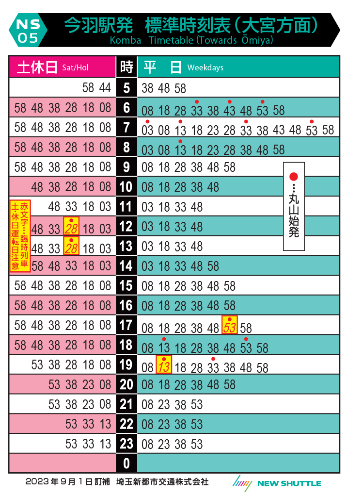 今羽駅発 標準時刻表（大宮方面）